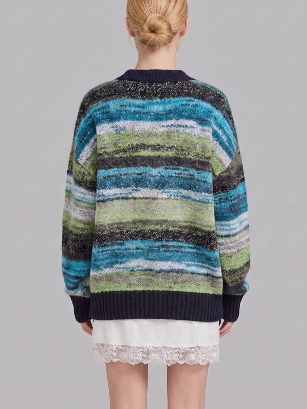 Women's Blue Green Marble Stripe Oversized Knit Cardigan Button Front Y2K - Picture 2 of 2